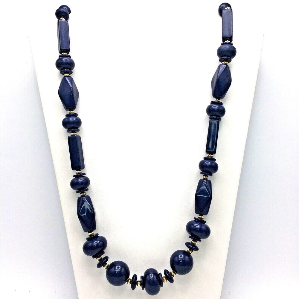 Vintage Navy Blue Acrylic Graduated Bead Necklace Gold Tone Accents 1980s